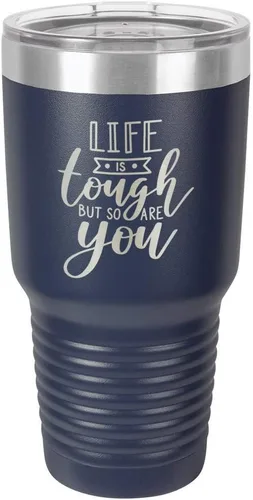 Vista 10 de Life is Tough but So are you - Vaso negro de 30 oz con paja y tapa superior deslizante Taza de viaje de acero inoxidable Compare con Yeti Rambler