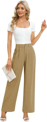 Vista 6 de Feiersi Pantalones de trabajo de negocios para mujer, de cintura alta, pantalones de pierna ancha, pantalones largos y rectos con bolsillo