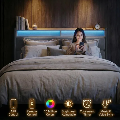 Vista 8 de Base de cama matrimonial con cabecera de almacenamiento con respaldo alado de 51.8 pulgadas, plataforma tapizada gris con estación de carga (tipo C)