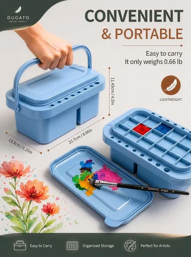 Vista 3 de DUGATO Limpiador de pinceles, lavadora, soporte y paleta 3 en 1, lavabo para artistas con tapa y esponjas para acrílico, acuarela, pintura al óleo
