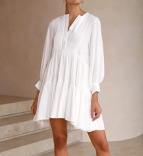 Vista 3 de R.Vivimos Vestido corto de manga larga de algodón casual con volantes y botones para mujer