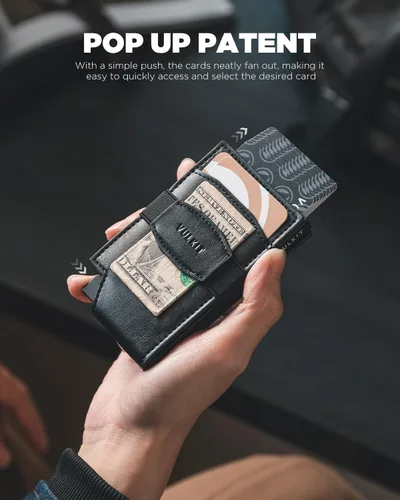 Vista 2 de VULKIT Billetera desplegable para tarjetas con correa de dinero, bolsillo frontal de cuero, con ventana de identificación, bloqueo RFID, funda