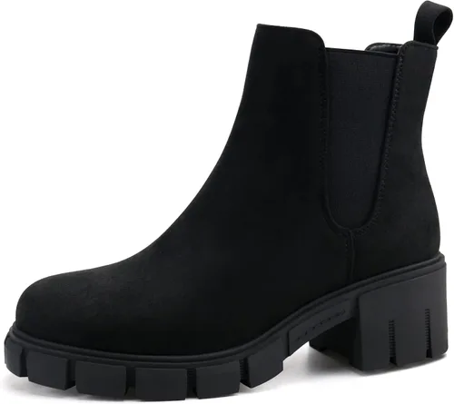 Vista 19 de starmerx Botines de plataforma para mujer, botas Chelsea elásticas, tacón medio, botines sin cordones