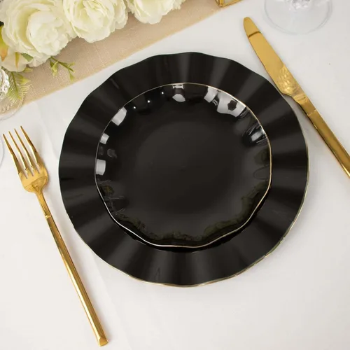Vista 5 de Tableclothsfactory Paquete de 10 platos redondos de plástico negro de 6 pulgadas para ensalada de postre, platos desechables con borde ondulado