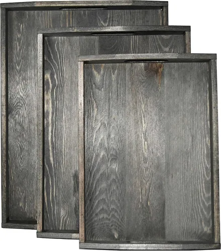 Vista 3 de Owlgift Bandejas de madera gris vintage con detalles de metal de latón, juego de 3