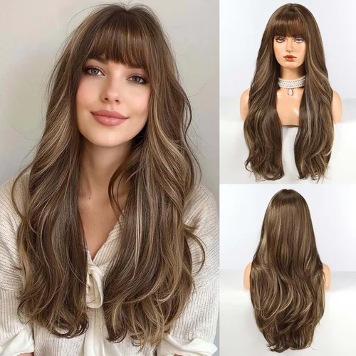 Vista 13 de HAIRCUBE Peluca larga rubia mezclada con marrón con flequillo, pelucas rizadas en capas para mujeres, pelucas sintéticas naturales para uso diario