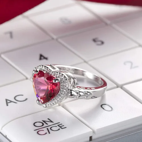 Vista 4 de Anillo de compromiso con circonita cúbica en forma de corazón rubí para mujer, joyería exquisita para aniversario