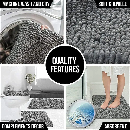 Vista 6 de Gorilla Grip Alfombra de baño de felpilla y tapa de inodoro, ambos en color gris, tamaño de la alfombra de baño 30 x 20 pulgadas, tamaño de la tapa