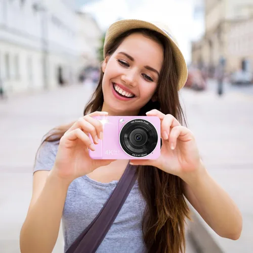 Vista 7 de Cámara digital, 4K 64MP, 18X Zoom, cámara de punto y disparo digital con tarjeta TF de 64GB y 2 baterías, cámara pequeña recargable portátil