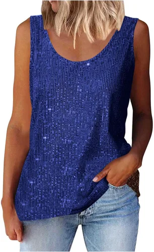 Vista 9 de Camisetas de lentejuelas para mujer, sin mangas, cuello redondo, brillante, sexy, para fiesta, camiseta sin mangas brillante