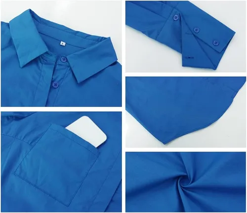 Vista 4 de KAYWIDE Vestido camisero de manga larga con cuello en V y botones para mujer, mini vestidos con bolsillos, blusa de color liso