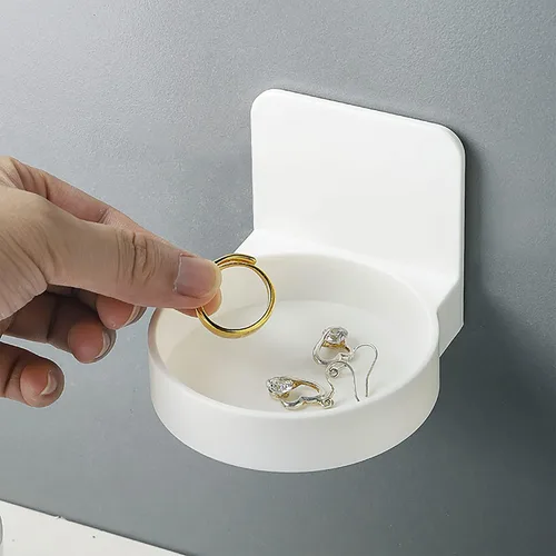 Vista 2 de Estante flotante redondo de plástico adhesivo para colocar en la pared, soporte para tazas, organizador de ducha, estantes para botellas (2 unidades)