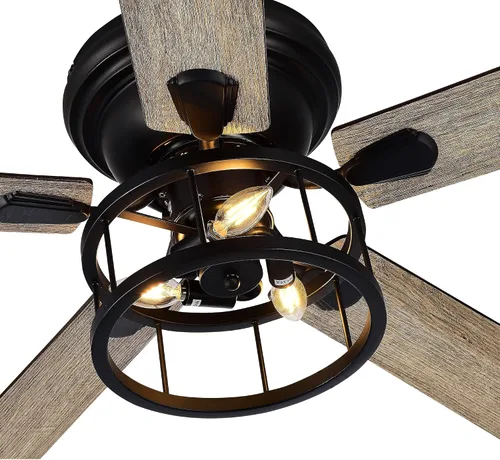 Vista 7 de Ventilador de techo industrial negro de 5 aspas de 52 pulgadas con kit de luz y mando a distancia, color negro mate