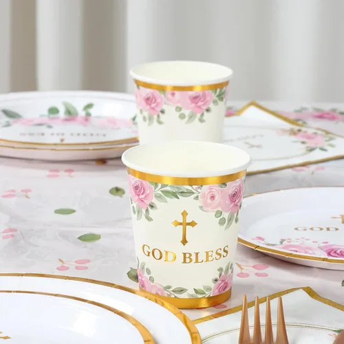 Vista 5 de Platos de fiesta religiosa para 24 invitados – bautismo, primera comunión, confirmación (rosa2)