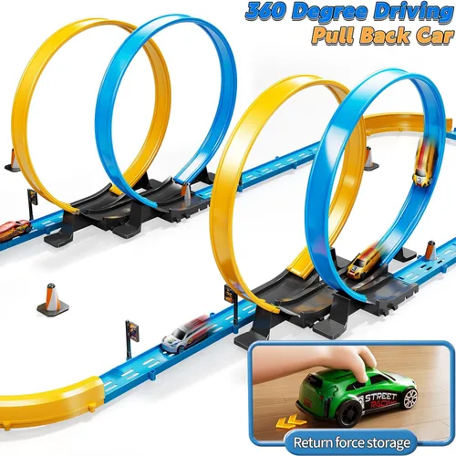 Vista 2 de Conjunto de Pista de Carreras de Coches LILYBUDS para Niños, Niños de 3-5 4-7 años, Pistas de Carreras con 4 Zonas de Choque y Coches de Ranura