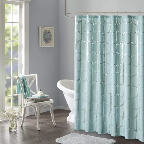 Vista 7 de Intelligent Design - Cortina de ducha Raina, estampado geométrico, lavable a máquina, moderna, para el cuarto de baño, estilo metalizado Gris