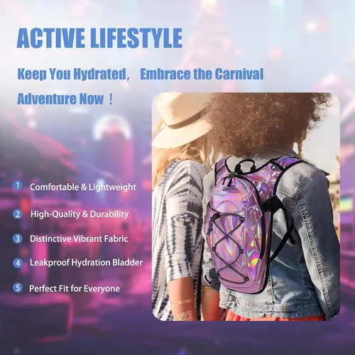 Vista 7 de Mochila de hidratación reflectante, paquete de hidratación, mochila de agua con vejiga de hidratación de 2 litros, esencial para festivales, paquete
