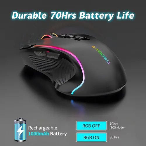 Vista 3 de Mouse inalámbrico para juegos, sensor óptico de 8000 DPI, retroiluminación RGB, botones programables MMO 9, con botones laterales de grabación