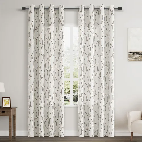 Vista 16 de Joywell Cortinas jacquard con ojales para sala de estar, 108 pulgadas de largo, línea ondulada negra con patrón de puntos, cortinas bordadas