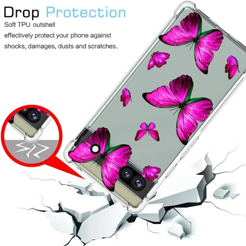 Vista 7 de Funda para Pixel 6A, GX7AS Linda, Transparente Flexible Bumper TPU Suave Goma Silicona Funda Teléfono Funda para Google Pixel 6A Rosa Mariposa