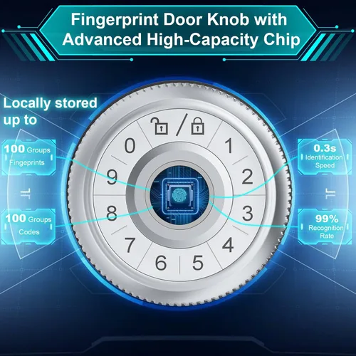 Vista 5 de Pomo de puerta de huellas dactilares, cerradura de puerta con teclado y control de aplicación, perilla de puerta inteligente, cromado, ideal