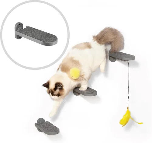 Vista 15 de SVD.PET Escalones de pared para gatos (paquete de 2), escaleras para subir con almohadilla de fieltro reemplazable, estantes para gatos con juguete