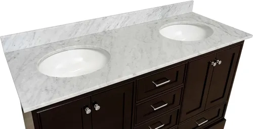 Vista 7 de Kitchen Bath Collection Harper tocador de baño doble de 60 pulgadas (chocolate/carrara): incluye gabinete de chocolate con encimera de mármol