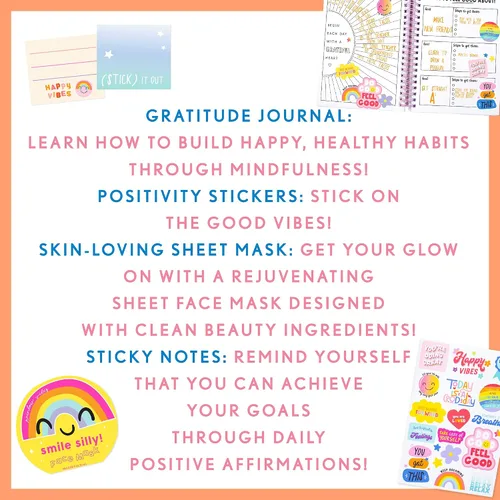 Vista 4 de Just My Style Diario de gratitud MoodJoy de Horizon Group USA, incluye diario de atención plena espiral, máscara facial nutritiva, notas adhesivas