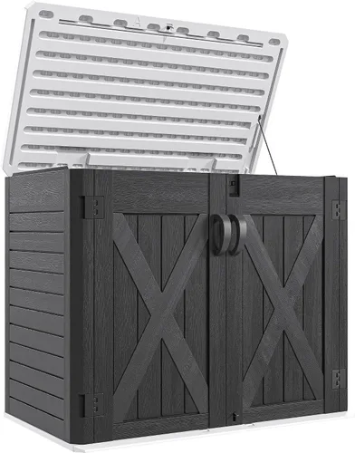 Vista 17 de YITAHOME - Cobertizo de almacenamiento horizontal al aire libre con puerta bloqueable en forma de X, cobertizo de herramientas de resina resistente