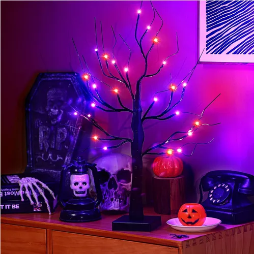 Vista 3 de Ganeen 2 piezas de decoración de Halloween para interiores de 24 pulgadas/2 pies iluminados naranja y morado árbol de abedules con 48 luces LED