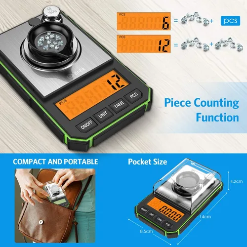 Vista 5 de Báscula digital de miligramo, mini báscula portátil de 1.76 oz, graduación precisa de 0.00 oz, báscula de bolsillo profesional con pinzas