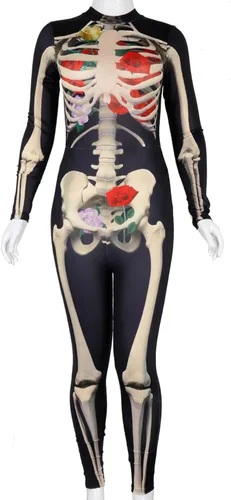 Vista 4 de ALBIZIA Disfraz de esqueleto de calavera para mujer, overol de Halloween para cosplay