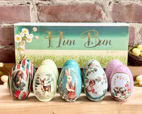 Vista 7 de Bärli - Juego de 10 huevos de Pascua de lata vintage, reutilizables, de metal