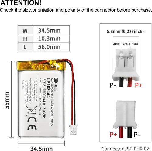 Vista 3 de EEMB 3.7V 103454 2000mAh Lipo Batería recargable JST2.0 Conector 1 paquete