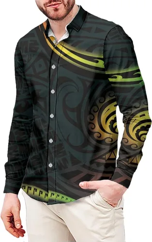 Vista 9 de Camisa polinesia con botones para hombre, Aloha Samoan, patrón tradicional, manga larga, camisa hawaiana para hombre, talla grande, casual