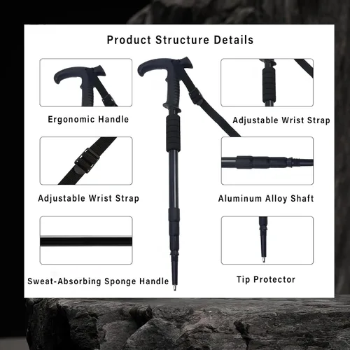 Vista 4 de Bastón de senderismo retráctil de aleación de aluminio, bastones de senderismo portátiles adecuados para actividades al aire libre como montañismo