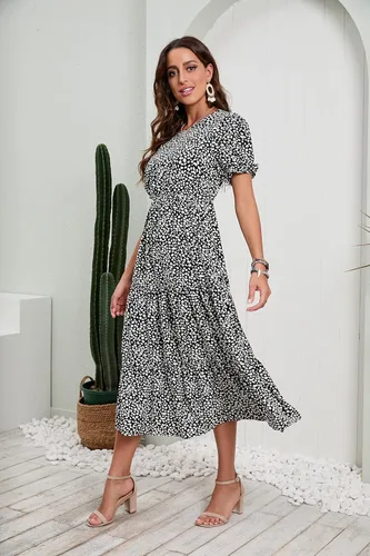 Vista 2 de GRECERELLE - Vestido de verano para mujer, informal, holgado, cuello redondo, bohemio, con volados, manga abombada y cintura alta, vestido de playa