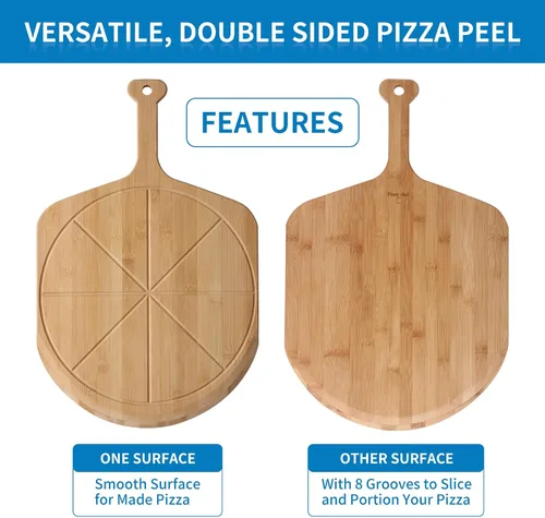 Vista 3 de Fiery Chef Pala de pizza de bambú de 12 pulgadas, tabla de cortar de madera ligera y lisa con 8 ranuras para rebanadas, accesorios para horno