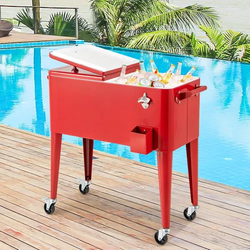 Vista 2 de HAPPYGRILL 80 Quart Rolling Cooler Cart with Lockable Wheels, Outdoor Beer Beverage Cooling Ice Chest with Bottle Opener & Cap Catcher, for Party