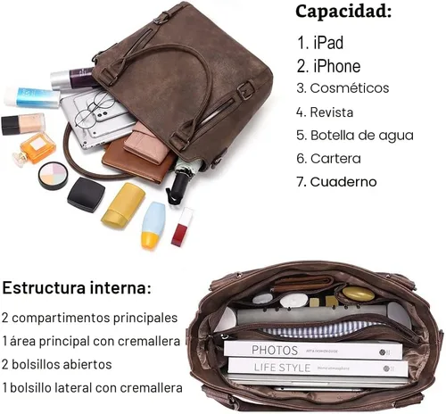 Vista 5 de CLUCI - Bolsos de cuero vegano para mujer, bolso grande y de hombro tipo hobo 00-café oscuro