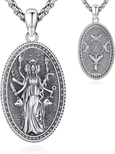 Vista 127 de Collar de pentagrama de plata de ley con triple luna, diosa celta, nudo celta, nudo de brujas, Ankh, sol y luna, Hécate, lilith, Santa Muerte