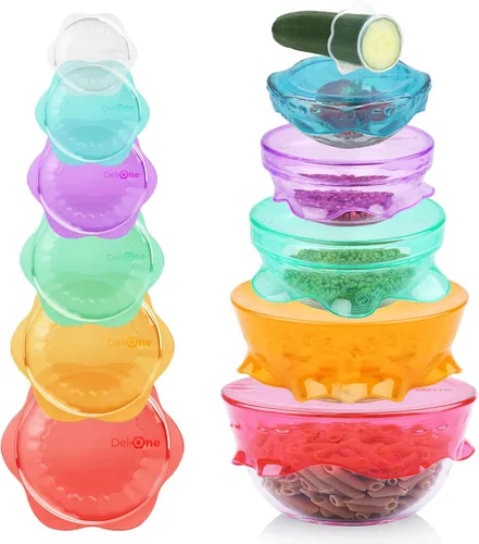 Vista 8 de DeliOne Tapas elásticas de silicona para almacenamiento de alimentos en la cocina, duraderas, reutilizables y expandibles para recipientes de tazas
