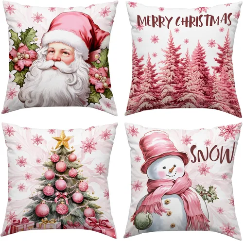 Vista 11 de MIRLEWAIY Paquete de 4 fundas de almohada de 18 x 18 pulgadas, diseño de reno de Navidad, muñeco de nieve de granja, feliz Navidad, feliz año nuevo