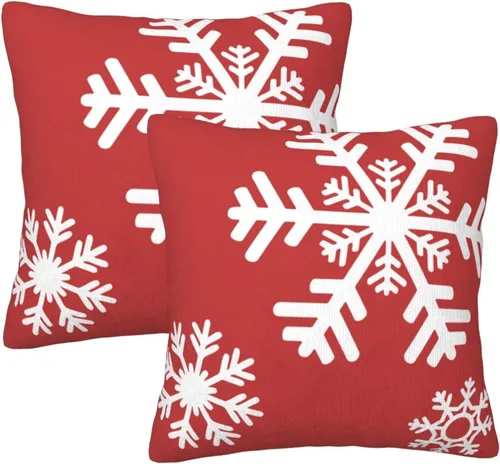Vista 8 de JOOCAR Fundas de almohada navideñas de 20 x 20 pulgadas, paquete de 2 fundas de almohada de copos de nieve rojos de Navidad, fundas de almohada