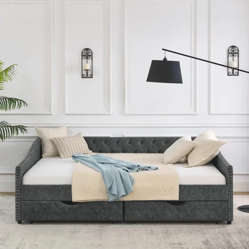 Vista 5 de Cama de día con almacenamiento, plataforma Queen con marco de madera maciza, marco de cama tapizado con botones copetudos con 2 cajones extraíbles