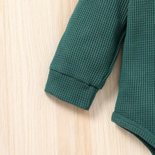 Vista 7 de Conjunto de mameluco de manga larga con botones para recién nacido, niño y niña, conjunto unisex de gofres, Verde oscuro