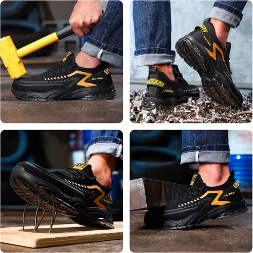 Vista 6 de GLANOUDUN Zapatos con punta de acero para hombre, zapatos de trabajo para hombres, zapatos de seguridad ligeros y cómodos, puntera de acero, zapatos