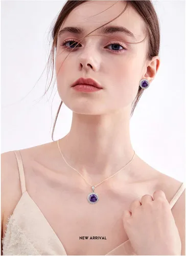 Vista 2 de Juego de joyas de cristal para novia, plata de ley, circonita cúbica redonda, circonita cúbica, diamantes de imitación, halo de piedra natal, collar