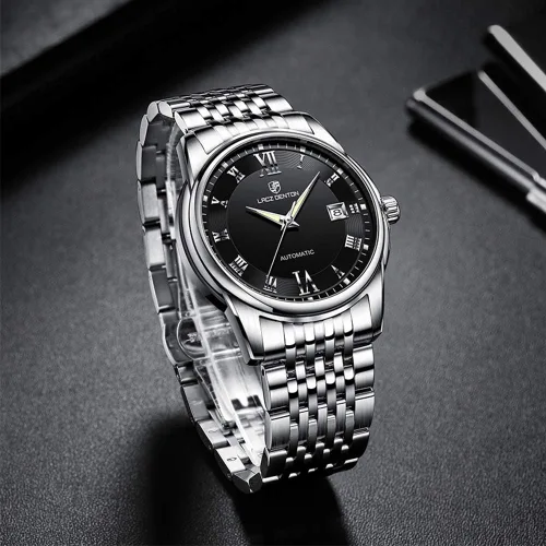 Vista 3 de LACZ DENTON Relojes mecánicos automáticos para hombres, de lujo de acero inoxidable con cuerda automática, resistente al agua