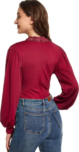 Vista 5 de LYANER Body de manga larga abombada con cuello en V y ribete de encaje para mujer
